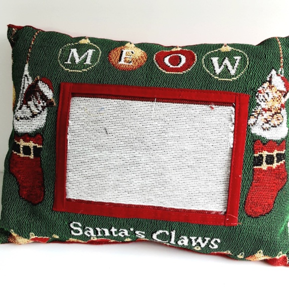 Christmas Photo Cat Pillow MEOW Santa's Claws 12x9 Green Red Tapestry - Picture 3 of 8